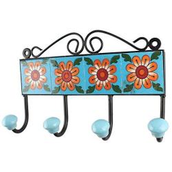 Indianshelf Handmade 1 Artistic Vintage Tile Turquoise Ceramic Sunflower Clothes Hooks Hangers/Utlility Hooks