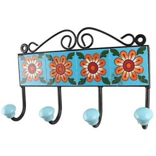 Indianshelf Handmade 1 Artistic Vintage Tile Turquoise Ceramic Sunflower Clothes Hooks Hangers/Utlility Hooks Indianshelf Handmade 1 Artistic Vintage Tile Turquoise Ceramic Sunflower Clothes Hooks Hangers/Utlility Hooks