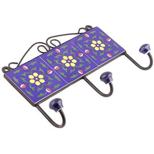 Indianshelf Handmade 1 Artistic Vintage Blue Ceramic Tiny Flower Key Hooks Holders/Heavy Duty Hooks for Garage