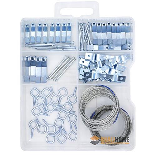 Picture Hanging Kit with Hooks, Nails, Sawtooth Hangers, Screw Eyes, and Wire