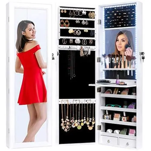 Best Choice Products Full Length Hanging Mirror Jewelry Armoire Cabinet, Makeup Storage Organizer, Wall Mounted, w/Interior Mirror, LED Lights, Lock, Cosmetics Tray, Brush Holders, 4 Shelves