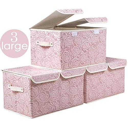 Prandom Large Stackable Storage Bins with Lids Fabric Decorative Storage Boxes Cubes Organizer Containers Baskets with Cover Handles Divider for Bedroom Closet Living Room 17.3x11.8x9.8 Inch 3 Pack
