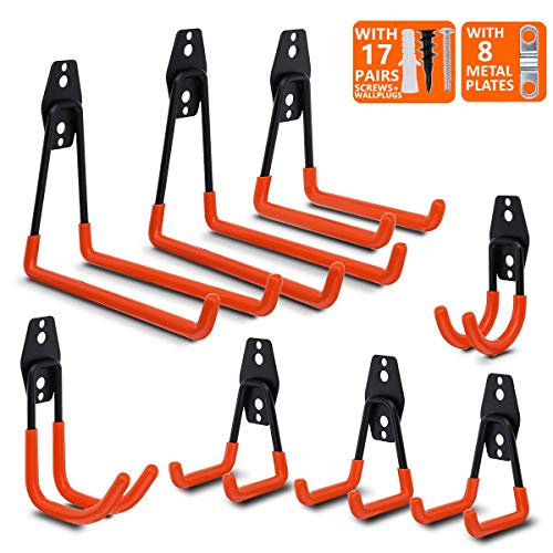 DRILLPRO Heavy Duty Wall Hooks, Pack of 8 Garage Hooks Wall Mount Tool, Garage Hangers for Organizing Power Tools, Ladder Hangers for Wall, with 17 Pairs Screws and 8 Metal Strengthen Plates