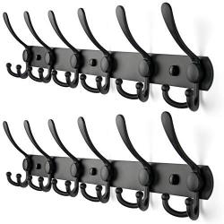 Wall Coat Rack Hooks, 3 Prongs Utility Hook, Clothes Hat Rack for Closet Towel Holder, Anti-Rust Metal Hook and Rail, Matt Black Iron Hooks, 2 Pack