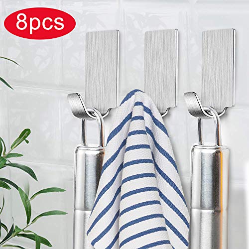 ELVASEN Self Adhesive Hooks, Towel Hooks Bathroom Hook Stainless Steel Coat Hooks Hanger, Waterproof Wall Hooks for Hanging Pants Clothes Hats in Kitchen, Bathroom (8 Pack)