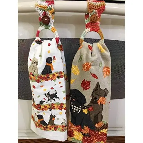 Dogs playing in leaves 100% cotton Plush Hand towel with removable Hanger Handmade by me