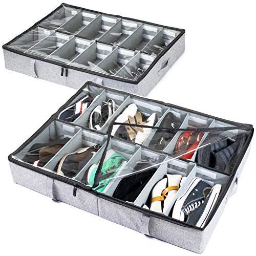 storageLAB Under Bed Shoe Storage Organizer, Adjustable Dividers - Set of 2, Fits 24 Pairs Total - Underbed Storage Solution (Grey)