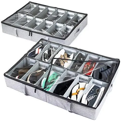 storageLAB Under Bed Shoe Storage Organizer, Adjustable Dividers - Set of 2, Fits 24 Pairs Total - Underbed Storage Solution (Grey)