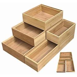 Simhoo Bamboo Stackable Drawer Organizer and Desk Storage Box/Tray for Office Supplies,Junk,Crafts,Sewing Small Daily Use Articles 5 Boxes Adjustable Organization(1sets)