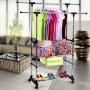 SRETAN Clothes Rack Portable Rolling Hanger Shelf Garment Bar Adjustable Heavy Duty Silver Black Double Bar Indoor Outdoor Stainless Steel Plastic (B1)