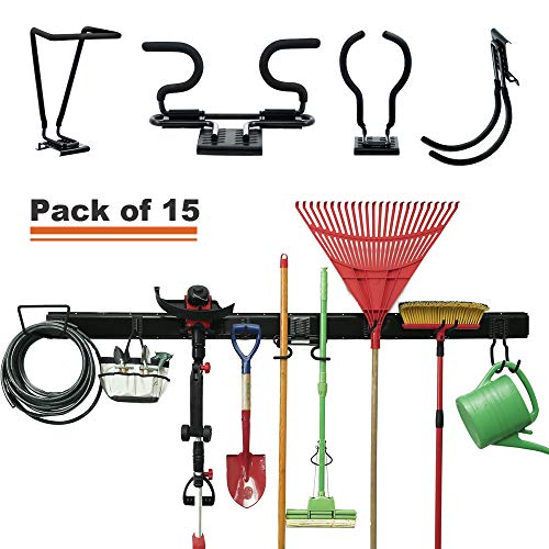 15-PCS Garage Storage Systems Adjustable Rack Wall Mounted Removable Hook Organizer Hanger for Broom Mop Rake Shovel & Garden Tools, 80inch Rail, 10 Hooks