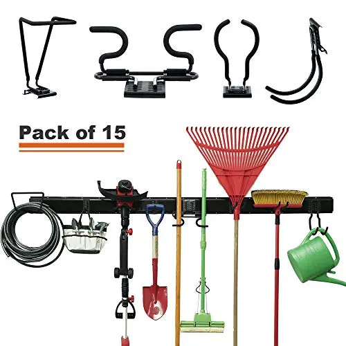 15-PCS Garage Storage Systems Adjustable Rack Wall Mounted Removable Hook Organizer Hanger for Broom Mop Rake Shovel & Garden Tools, 80inch Rail, 10 Hooks