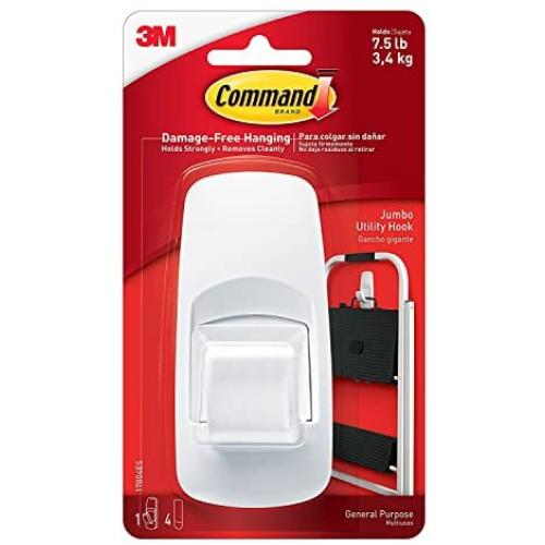 Command Jumbo Utility Hook, White, 1-Hook, 4-Strips, Organize Damage-Free Command Jumbo Utility Hook, White, 1-Hook, 4-Strips, Organize Damage-Free