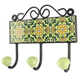 Indianshelf Handmade 1 Artistic Vintage Green Ceramic Sunflower Clothes Hooks Tile Hanger/Utlility Hooks