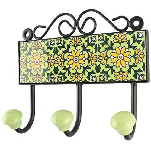 Indianshelf Handmade 1 Artistic Vintage Green Ceramic Sunflower Clothes Hooks Tile Hanger/Utlility Hooks Indianshelf Handmade 1 Artistic Vintage Green Ceramic Sunflower Clothes Hooks Tile Hanger/Utlility Hooks