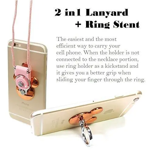 AccessoryHappy Mickey Ear 2 in 1 Phone Lanyard & Ring Stent, Cell Phone Tether Neck Strap Holder Ring Stent Kickstand for iPhone 5 6 6S 7 8 8 Plus Galaxy S7 and Other Mobile Phones (Rose Gold)