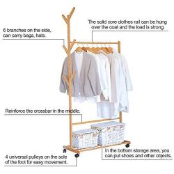 Bamboo Garment Rack, FOME Bamboo Clothes Laundry Rack Clothing Rack with Shelves Entryway Storage Rack with Wheels 6 Side Hook Coat Hanger for Jacket Umbrella Clothes Hats Scarf and Handbags