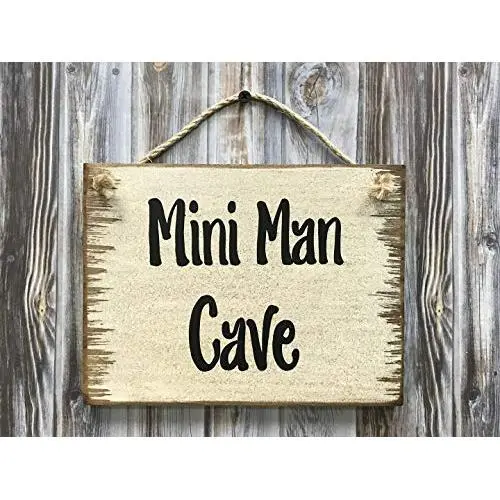 MINI MAN CAVE, Babe Cave, Man Cave, She Shed Sign, Cream Antique White Wood with twine hanger, 6X8 Reclaimed Wall HUMOR FUNNY Sign