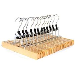 Clutter Mate - Set of 12 - Wood Pant Hangers with Locking Bar, Premium Natural Wooden Finish for Pants and Slacks