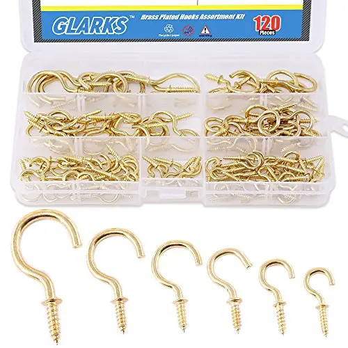 Glarks 120-Pieces 6 Size Brass Plated Screw-in Cup Hooks Lag Thread Handy Hanging Hooks Assortment Set