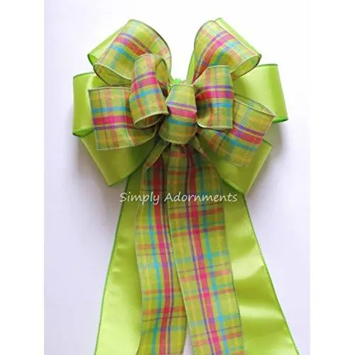 Green Pink Plaid Bow Easter Plaid Wreath Bow Green Spring Tartan Wreath bow Shower Party Decor Spring Door Hanger Bow Easter Gift Basket Bow