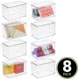 mDesign Plastic Stackable Home, Office Supplies Storage Organizer Bin Boxes with Attached Lid - Holder Container Bin for Note Pads, Gel Pens, Staples, Dry Erase Markers, Tape, 8 Pack - Clear