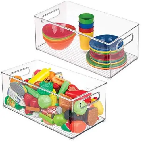 mDesign Plastic Toy Boxes Storage Organizer Bin with Handles for Kids Closets, Cabinets, Shelves - Hold Action Figures, Crayons, Markers, Building Blocks, Puzzles - 14.5&quot Long, 2 Pack - Clear