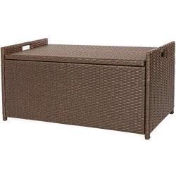 Victoria Young Resin Wicker Deck Boxes Storage Bench Container with Seat and Cushion Indoor and Outdoor Use, 60 Gallon, Espresso Brown