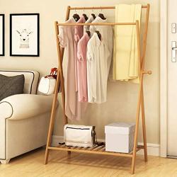 ZGstore Coat Rack Shoe Rack - Clothes Drying Rack - X-Frame Double Pole Bamboo Coat Hanger Shlef with 2 Hooks, Shoe Racks Organizer Storage for Bedroom, Hallway, Office, Dressing Room (Wood Color)