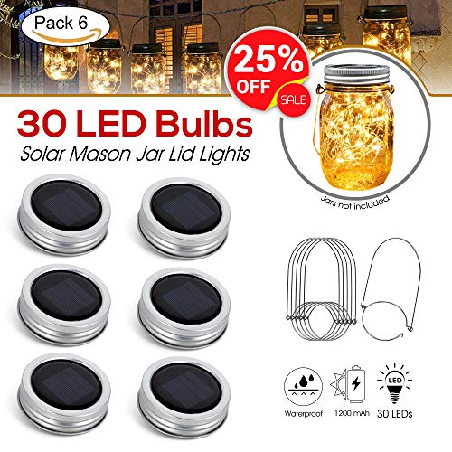 [Upgraded] Solar Mason Jar Lid Lights 30 LEDs - 1200mAh Battery | Outdoor Decor, Patio Garden Decor, Solar Lantern Table Light | 6-Pack Hangers and Lids String Fairy Firefly Lights/No Jars