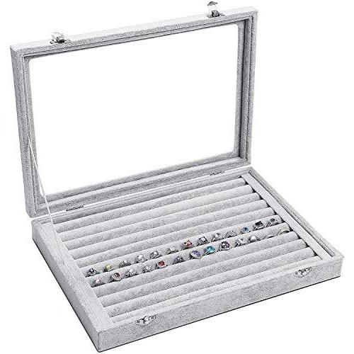 Basuwell Velvet Glass Jewelry Ring Display Organizer Boxes Tray Holder Jewelry Earrings Storage Case