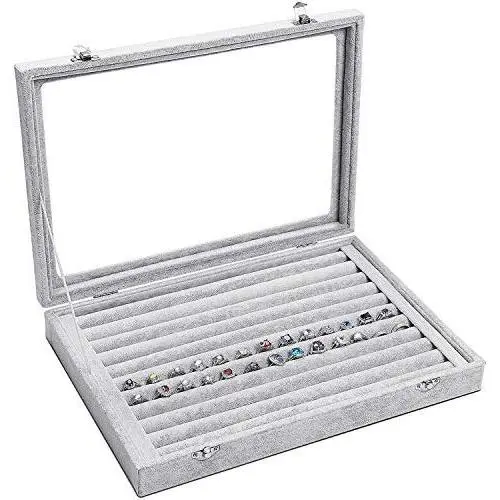 Basuwell Velvet Glass Jewelry Ring Display Organizer Boxes Tray Holder Jewelry Earrings Storage Case