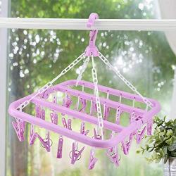 Drying Rack, 32 Clips Folding Clothes Hanger Dryer Windproof Socks Underwear Drying Rack Children(Purple)