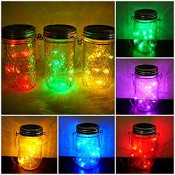 Upgraded Solar Mason Jar Starry String Light Lids 10 Pack 20 LED Fairy Firefly Light Inserts with 10 Hangers Waterproof and Rust Resist for Patio Lawn Garden Wedding Lantern Decor (5 Colors)