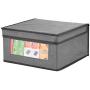 mDesign Soft Stackable Fabric Closet Storage Organizer Holder Bin with Clear Window, Attached Lid - for Home Office, Den, Hallway, Entryway - Textured Print - Medium, 4 Pack - Gray/Black