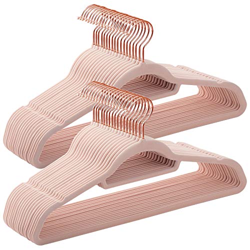 SONGMICS Velvet Hangers, 50 Pack, Non-Slip Clothes Hanger with Rose Gold Color Swivel Hook, 0.2 Inch Thick and Space Saving, Light Pink UCRF21PK50