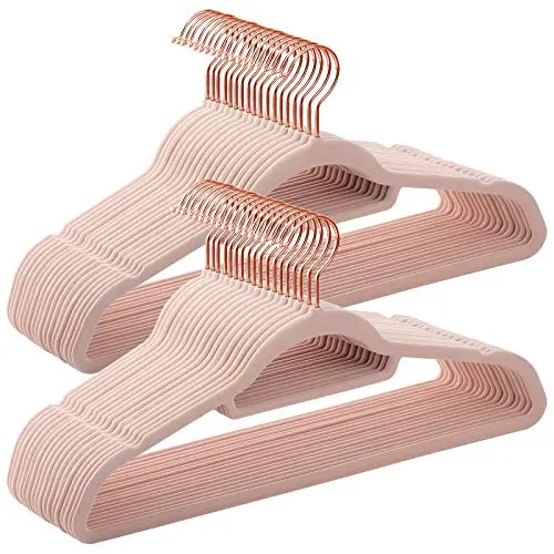 SONGMICS Velvet Hangers, 50 Pack, Non-Slip Clothes Hanger with Rose Gold Color Swivel Hook, 0.2 Inch Thick and Space Saving, Light Pink UCRF21PK50