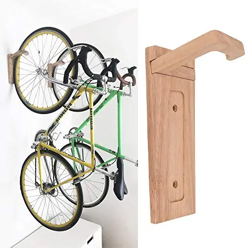 Bike Wall Mount Rack Garage Outdoor Bicycle Hanger Shelf Minimalist Storage System Vertical Cycling Pedal Hook for Indoor Shed Modern Industrial Handmade Display Art Furniture Stand (Oak Wood)