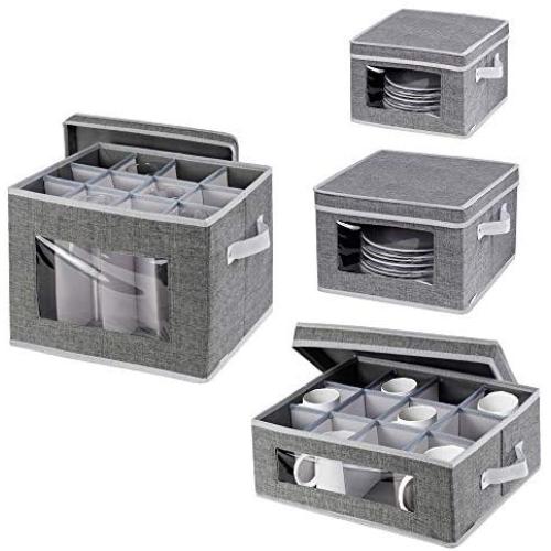 China Storage Boxes for Dinnerware,Tea Cups and Mugs with Lid and Handles, Primum Polyester fabric with Felt Plate Dividers,Set of 4 Grey
