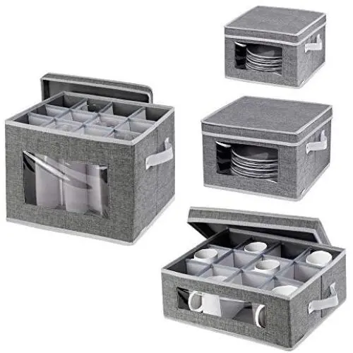 China Storage Boxes for Dinnerware,Tea Cups and Mugs with Lid and Handles, Primum Polyester fabric with Felt Plate Dividers,Set of 4 Grey China Storage Boxes for Dinnerware,Tea Cups and Mugs with Lid and Handles, Primum Polyester fabric with Felt Plate Dividers,Set of 4 Grey