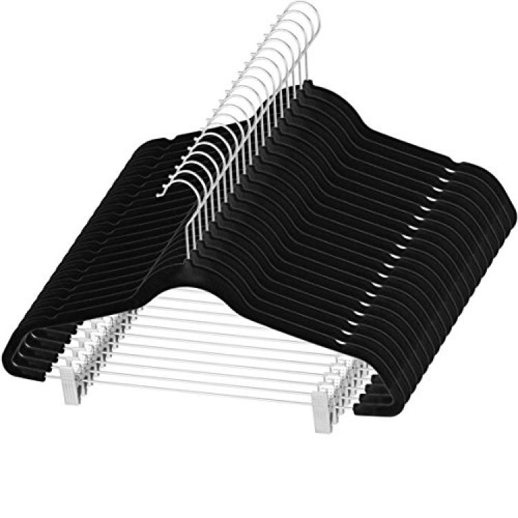 100 Pack Black Heavy Duty Velvet Hangers With Trouser & Tie Bar