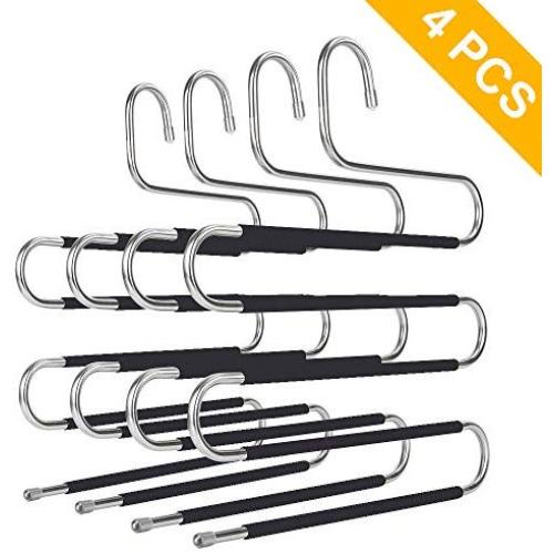 ziidoo New S-Type Pants Hangers Stainless Steel Closet Hangers Upgrade Non-Slip Design Hangers Closet Space Saver for Jeans Trousers Scarf Tie（4 Piece）