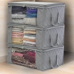 Sorbus Foldable Storage Bag Organizers, Large Clear Window & Carry Handles, Great for Clothes, Blankets, Closets, Bedrooms, and More (3-Pack, Gray)