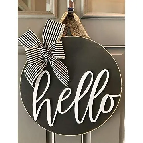 18 inch Dark Gray and White Round Hello Front Door Decor Wreath