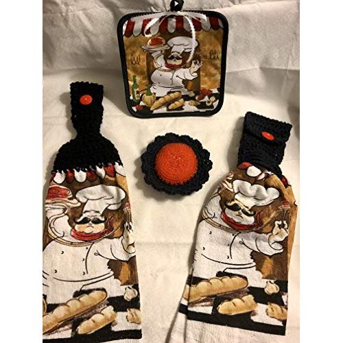 Free ship to USA - 5 piece set - Chef - 1 CROCHET Plastic Scrubber, Towel holder, KITCHEN hand full TOWEL light weight terry cloth, hot pad & towel hanger- BLACK 100% cotton yarn