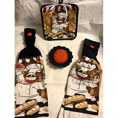 Free ship to USA - 5 piece set - Chef - 1 CROCHET Plastic Scrubber, Towel holder, KITCHEN hand full TOWEL light weight terry cloth, hot pad & towel hanger- BLACK 100% cotton yarn