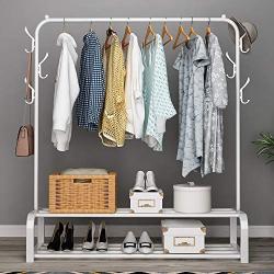 UDEAR Garment Rack Free-Standing Clothes Rack with Top Rod,Lower Storage and 8 Hooks,White