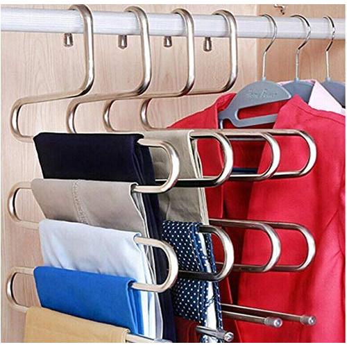 5pcs Random Color Multi-Functional Pants Rack Shelves Stainless Steel Wardrobe Magic Hanger S-Shape Clothes Hangers Storage Rack