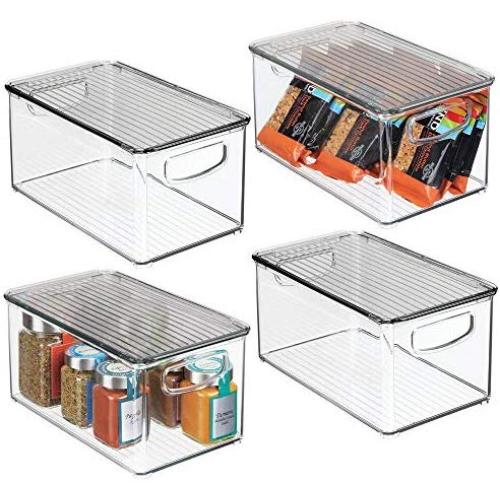 mDesign Plastic Stackable Kitchen Pantry Cabinet, Refrigerator, Freezer Food Storage Bin Boxes with Handles, Lid - Organizer for Fruit, Yogurt, Snacks, Pasta - 10" Long, 4 Pack - Clear/Smoke Gray