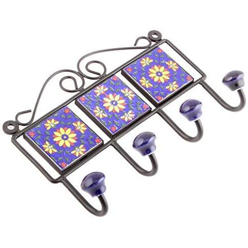 Indianshelf Handmade 1 Artistic Vintage Blue Ceramic Sun Flower Rail Hooks Holders/Wall Hooks for Frames